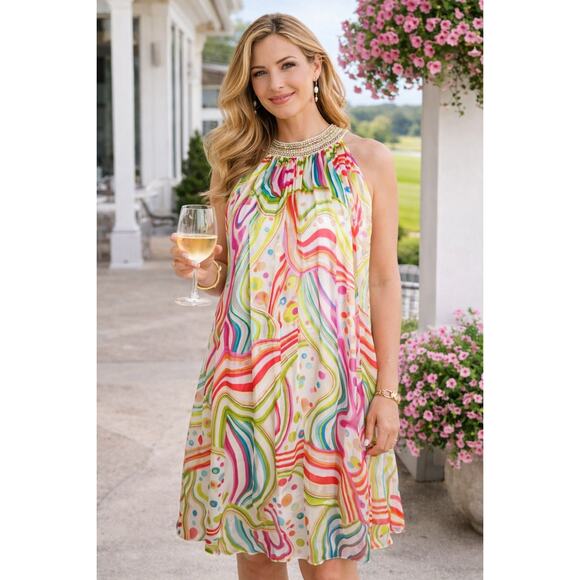 La Femme Dresses & Skirts - La Femme Paris Silk Rhinestone Faux Pearl Retro tent Dress Colorful Swirls 10